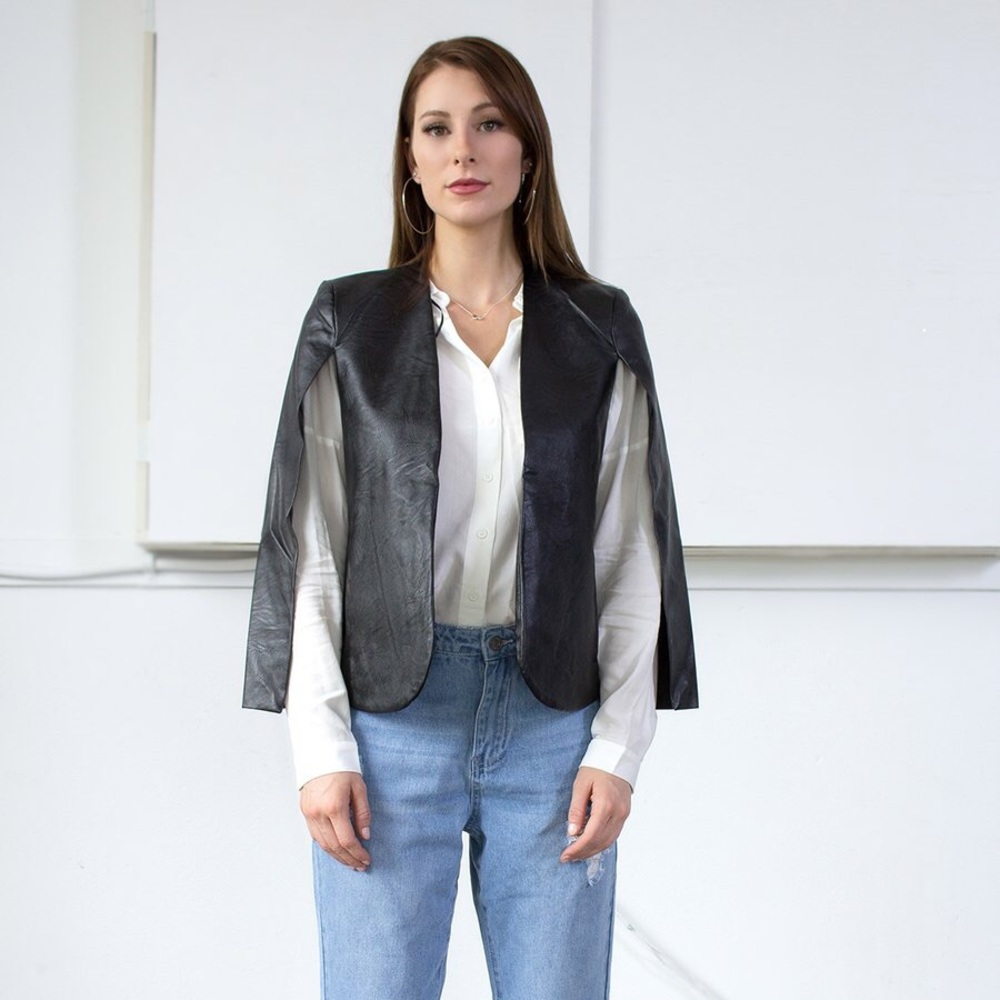 Black Faux Leather Cape Blazer